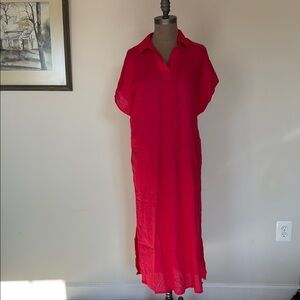 Tahari linen Vibrant Redish Pink Short Sleeve maxi dress in linen